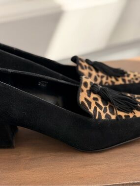 J.Renee Black Suede Loafers with Leopard Tassels
